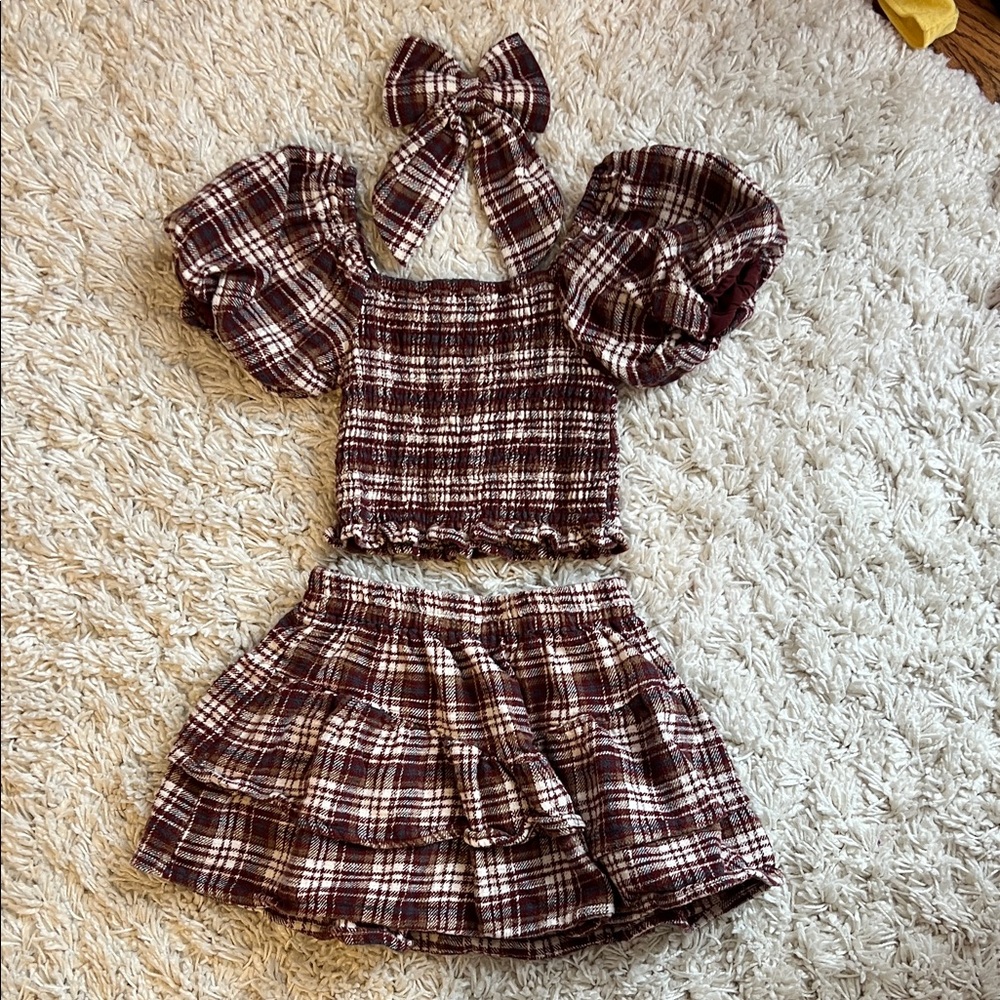 Rylee and crew Plaid Puff Sleeve Top and Skirt Set with Bow